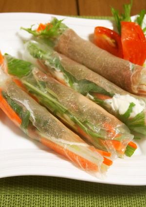 A picture of Cured Ham and Marscapone Spring Rolls.