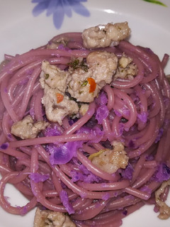 A picture of Purple Haze - Drunken Spaghetti with Red Cabbage and Sausage.