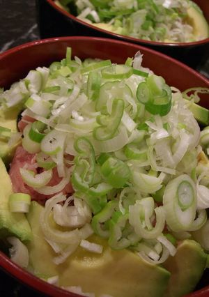 A picture of Tsukiji Style Rice Bowl with Avocado, Green Onion and Fatty Tuna.