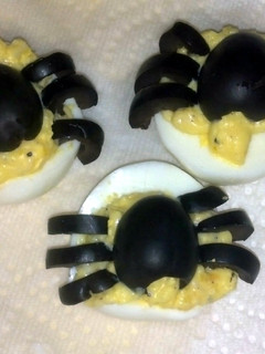 A picture of Creepy crawly deviled eggs.