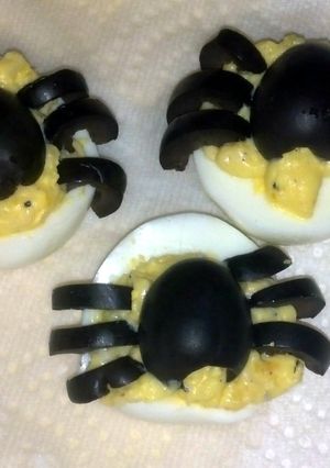 A picture of Creepy crawly deviled eggs.