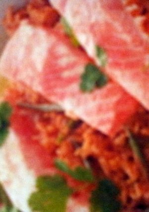 A picture of thai green salmon with fragrant rice.