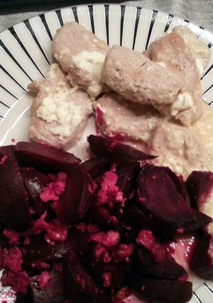 A picture of Honey fried pork and oven baked turnips with feta.