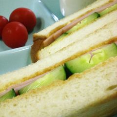 A picture of Kissaten Style Ham and Cucumber Toasted Sandwich.