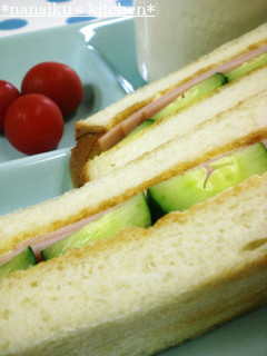 A picture of Kissaten Style Ham and Cucumber Toasted Sandwich.