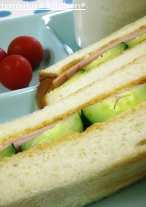 A picture of Kissaten Style Ham and Cucumber Toasted Sandwich.