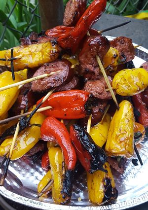 A picture of Pepper and sausage kabobs.