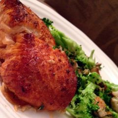 A picture of Broiled Salmon with Broccoli & Shiitake Mushrooms.