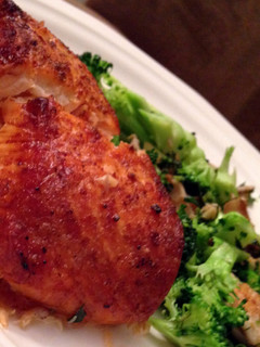 A picture of Broiled Salmon with Broccoli & Shiitake Mushrooms.