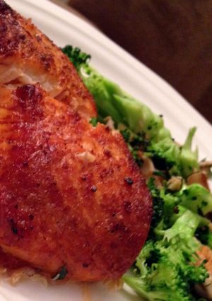 A picture of Broiled Salmon with Broccoli & Shiitake Mushrooms.