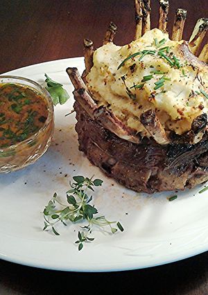 A picture of Crown Roast Rack of Lamb Filled with Mashed Potatos.
