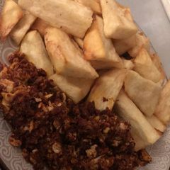 Fried yam and egg sauce A picture of Fried yam and egg sauce.