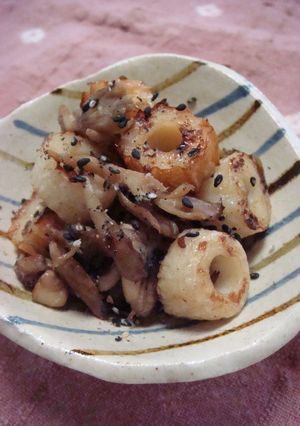 A picture of Kinpira-style Chikuwa and Maitake Mushroom.