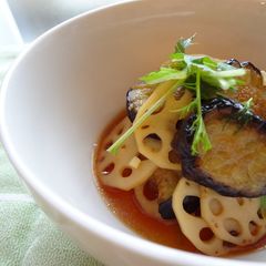 A picture of Hot and Sour Eggplant and Lotus Root (Vegan).