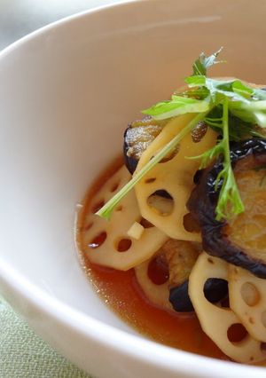 A picture of Hot and Sour Eggplant and Lotus Root (Vegan).