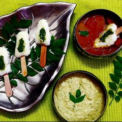 A picture of Idli Kulfi with Pumpkin Sambhar Platter.
