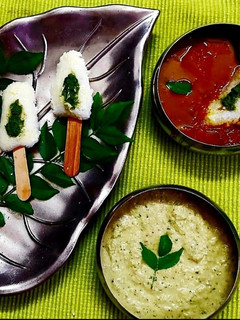 A picture of Idli Kulfi with Pumpkin Sambhar Platter.