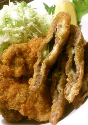 A picture of Fried Pork with Cheese and Shiso Leaves.