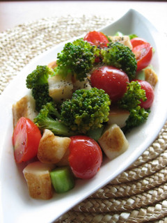 A picture of Fried Hanpen Fishcake and Broccoli Salad.