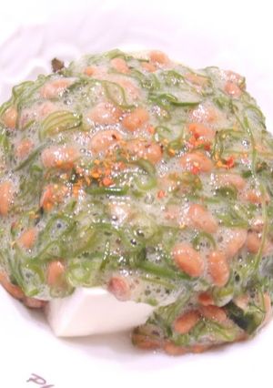 A picture of Mekabu Seaweed and Natto on Tofu for Dieters.