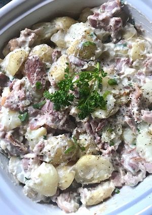 A picture of Creamy potato salad with bacon for braai.