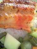 Broiled white fish over rice and vegetables