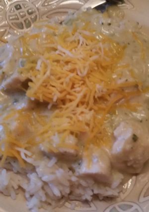 A picture of Creamy Broccoli n Chicken over Rice.