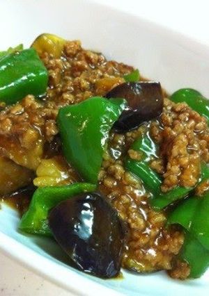 A picture of Miso Mapo Eggplant and Green Peppers.