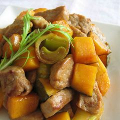 A picture of Japanese-Style Stir-Fried Pork and Kabocha with Gochujang.