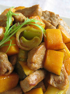 A picture of Japanese-Style Stir-Fried Pork and Kabocha with Gochujang.