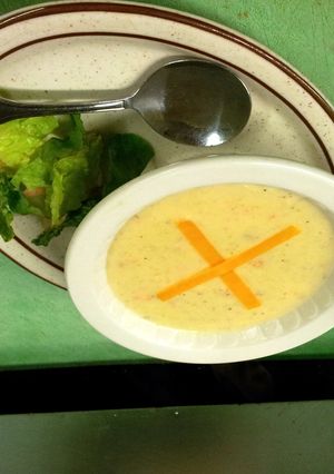 A picture of Creamy potato Bacon and Cheddar soup.