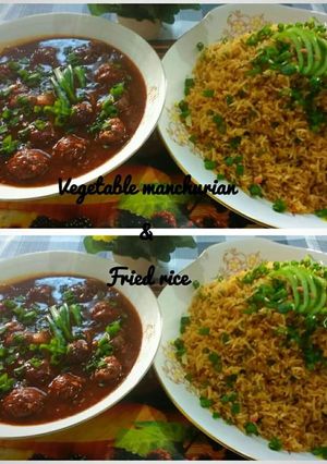 A picture of Vegetable manchurian and fried rice.
