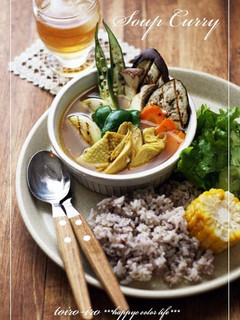 A picture of Curry Soup with Shredded Chicken.