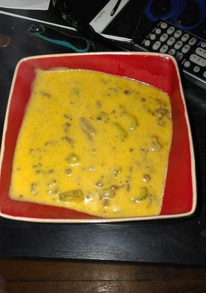 A picture of Home made cheeseburger soup.