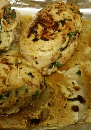 A picture of Crab, Spinach, Mushroom, & Parmesan Chicken.