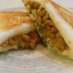 A picture of Fluffy Hanpen Stuffed with Shiso, Natto, and Cheese.