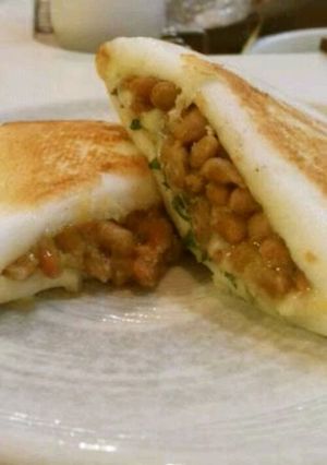 A picture of Fluffy Hanpen Stuffed with Shiso, Natto, and Cheese.