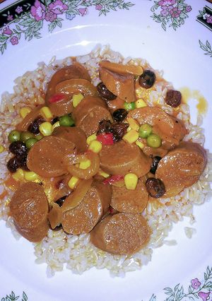 A picture of curried sausages.