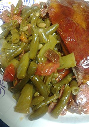 A picture of Green beans and pepperoni.