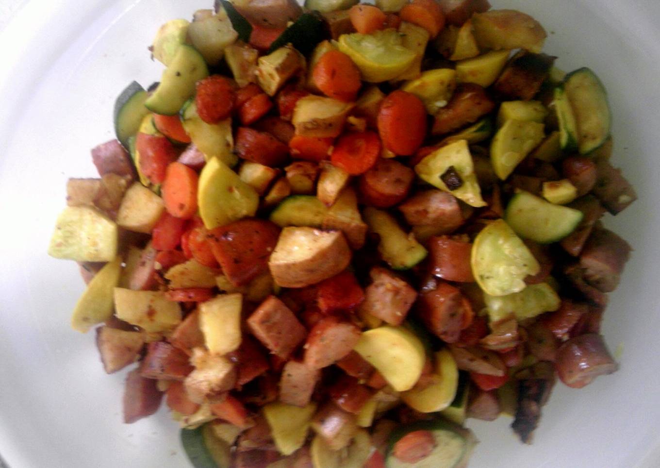 Roasted kielbasa and vegetables