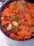 Pork Rind. Cactus, Potato in red sauce Dinner / Sopa de Chicharron, nopales, papa en salsa roja
