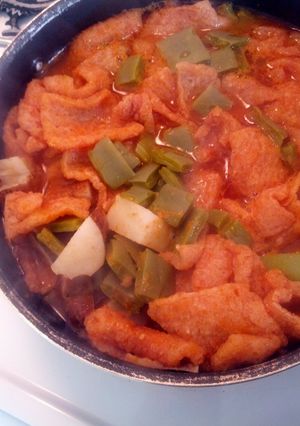 A picture of Pork Rind. Cactus, Potato in red sauce Dinner / Sopa de Chicharron, nopales, papa en salsa roja.