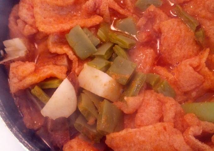 Pork Rind. Cactus, Potato in red sauce Dinner / Sopa de Chicharron, nopales, papa en salsa roja