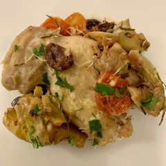 A picture of Chicken with Artichokes, Tomatoes, Garlic, and Olives.