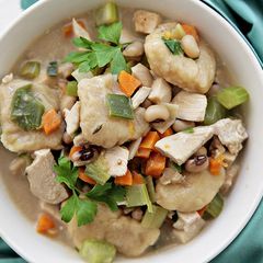 A picture of Creamy Chicken and Dumplings with Fresh Field Peas and Veggies.