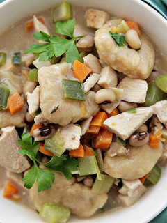 A picture of Creamy Chicken and Dumplings with Fresh Field Peas and Veggies.