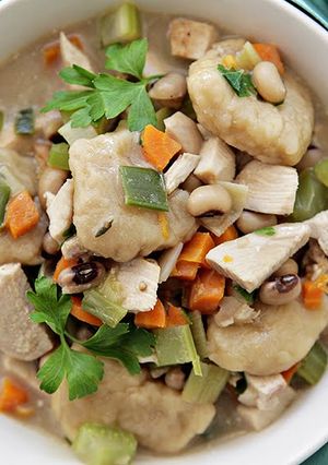A picture of Creamy Chicken and Dumplings with Fresh Field Peas and Veggies.