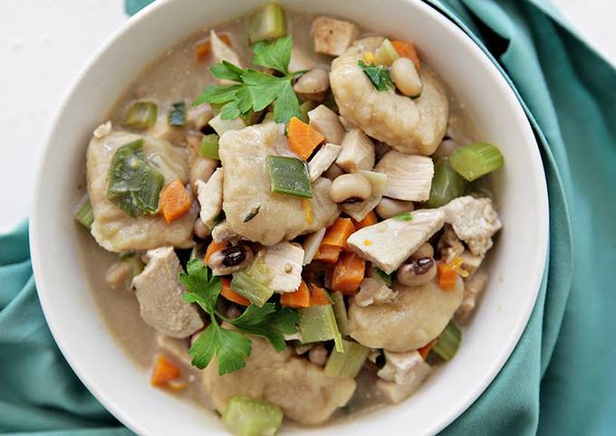 Creamy Chicken and Dumplings with Fresh Field Peas and Veggies