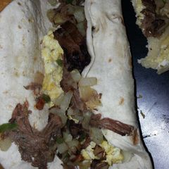 Left over roast beef breakfast burrito A picture of Left over roast beef breakfast burrito.