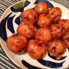 A picture of Okara Tofu Meatballs with a Sweet Vinegar Sauce.